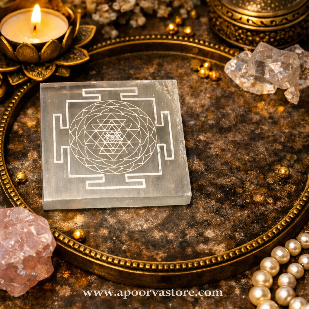 Shree Yantra Carved Selenite By Crystall and Herbs