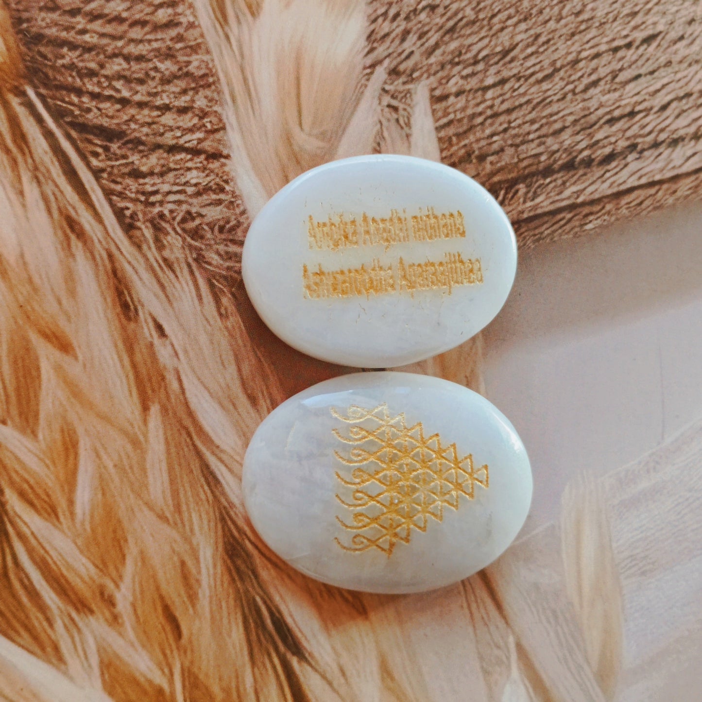Students Success Saraswati Maa Yantra and Ambika Maa Mantra Carved Coin on Moonstone By Crystall and Herbs
