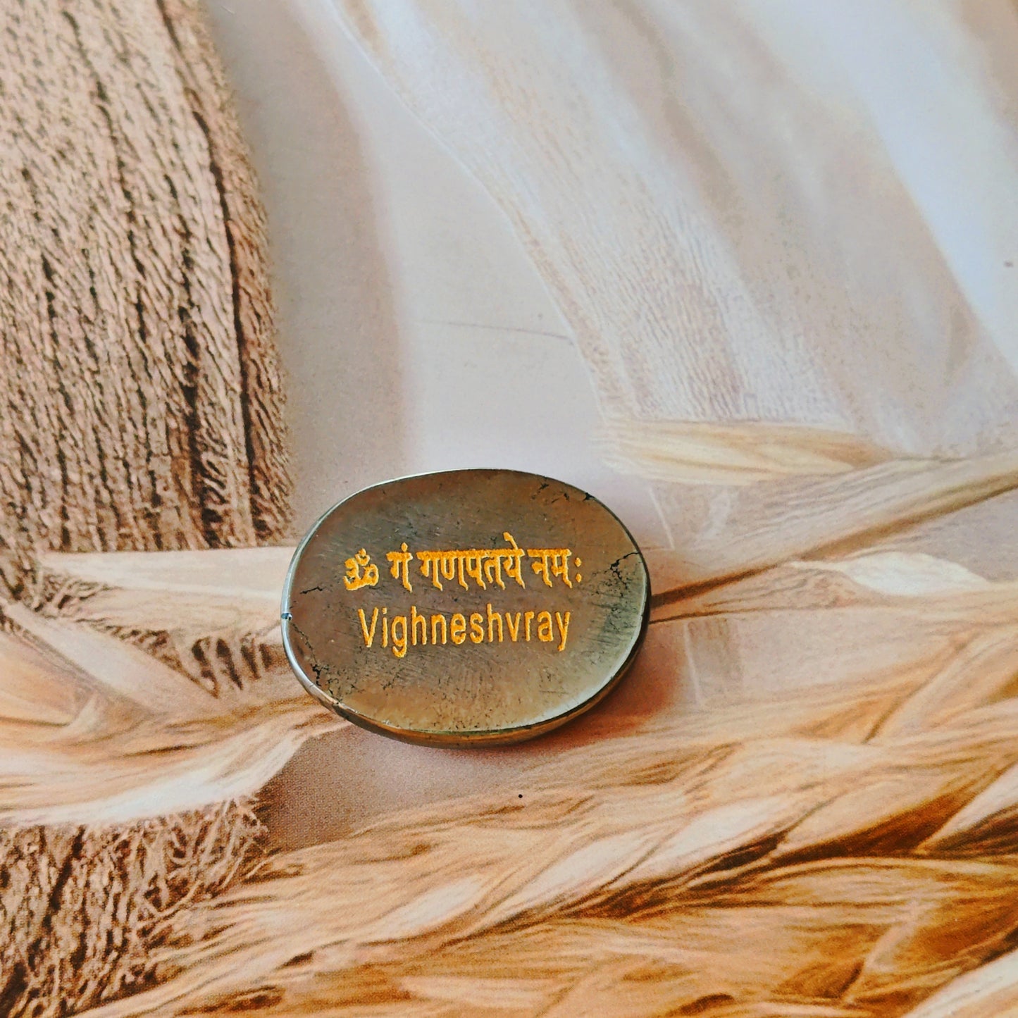 Ganesh Vighneshvray Obstacle Removal Mantra Yantra Coin Pyrite by Crystall and Herbs