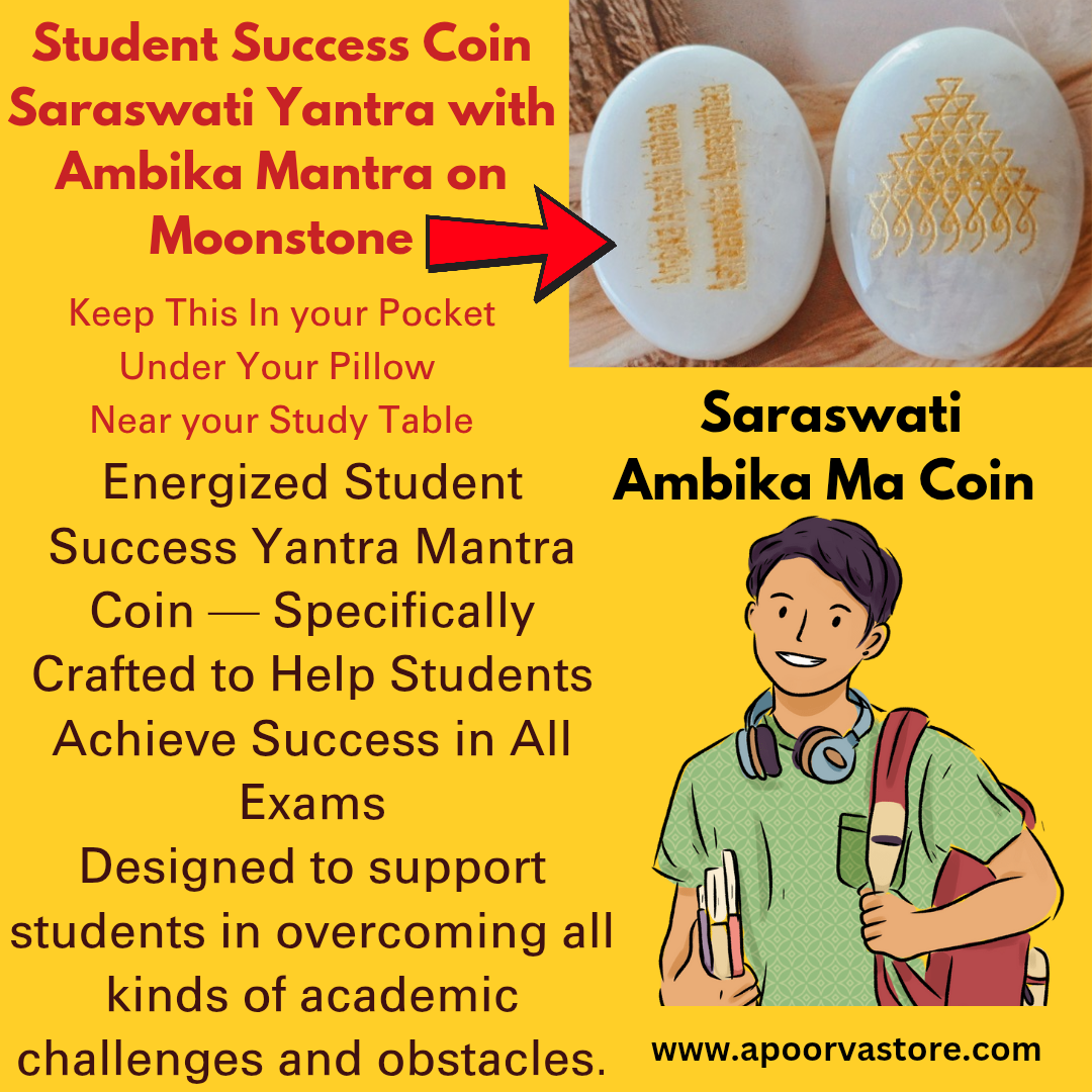 Students Success Saraswati Maa Yantra and Ambika Maa Mantra Carved Coin on Moonstone By Crystall and Herbs