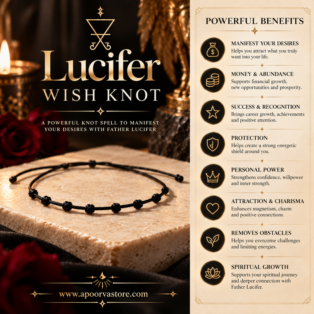 Lucifer Wish Knot – Powerful Spell Energised 9 Knot Bracelet | Wish Fulfilment, Money, Success, Protection & Manifestation