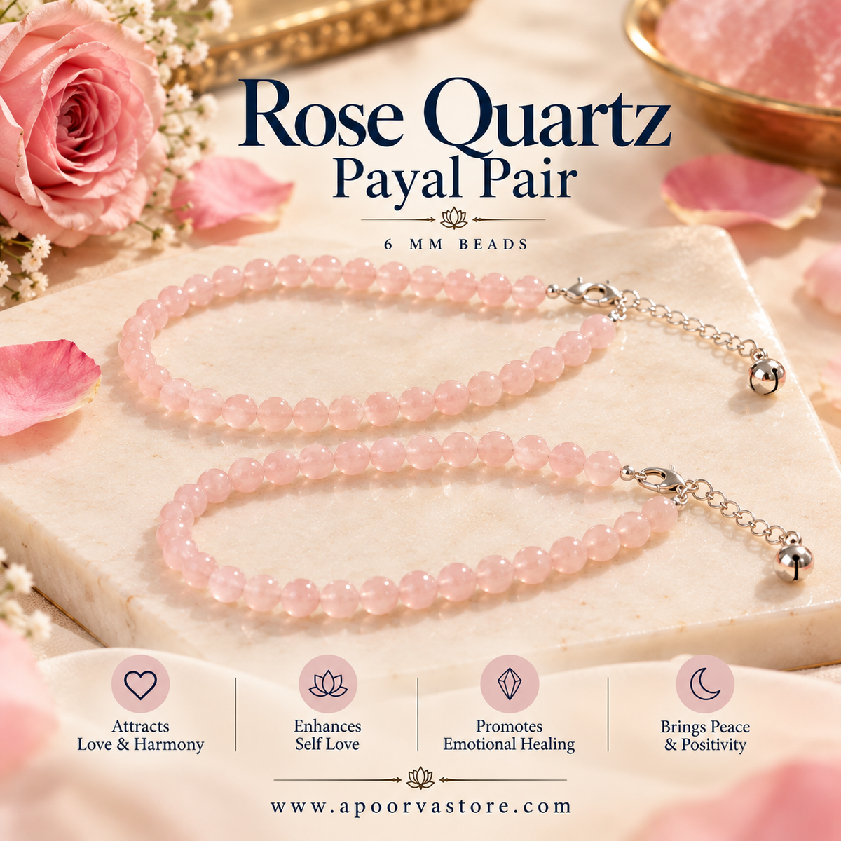 Love Payal Pair – 6mm Rose Quartz Crystal Anklets