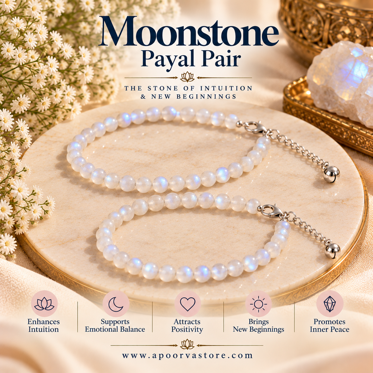 Feminine Moon Power Payal Pair – 6mm Moonstone Crystal Anklets
