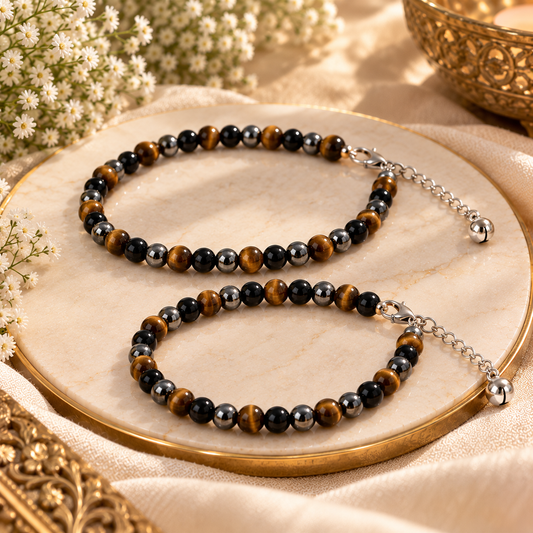 Triple Protection Power Payal Pair – 6mm Tiger Eye, Black Agate & Hematite Crystal Anklets