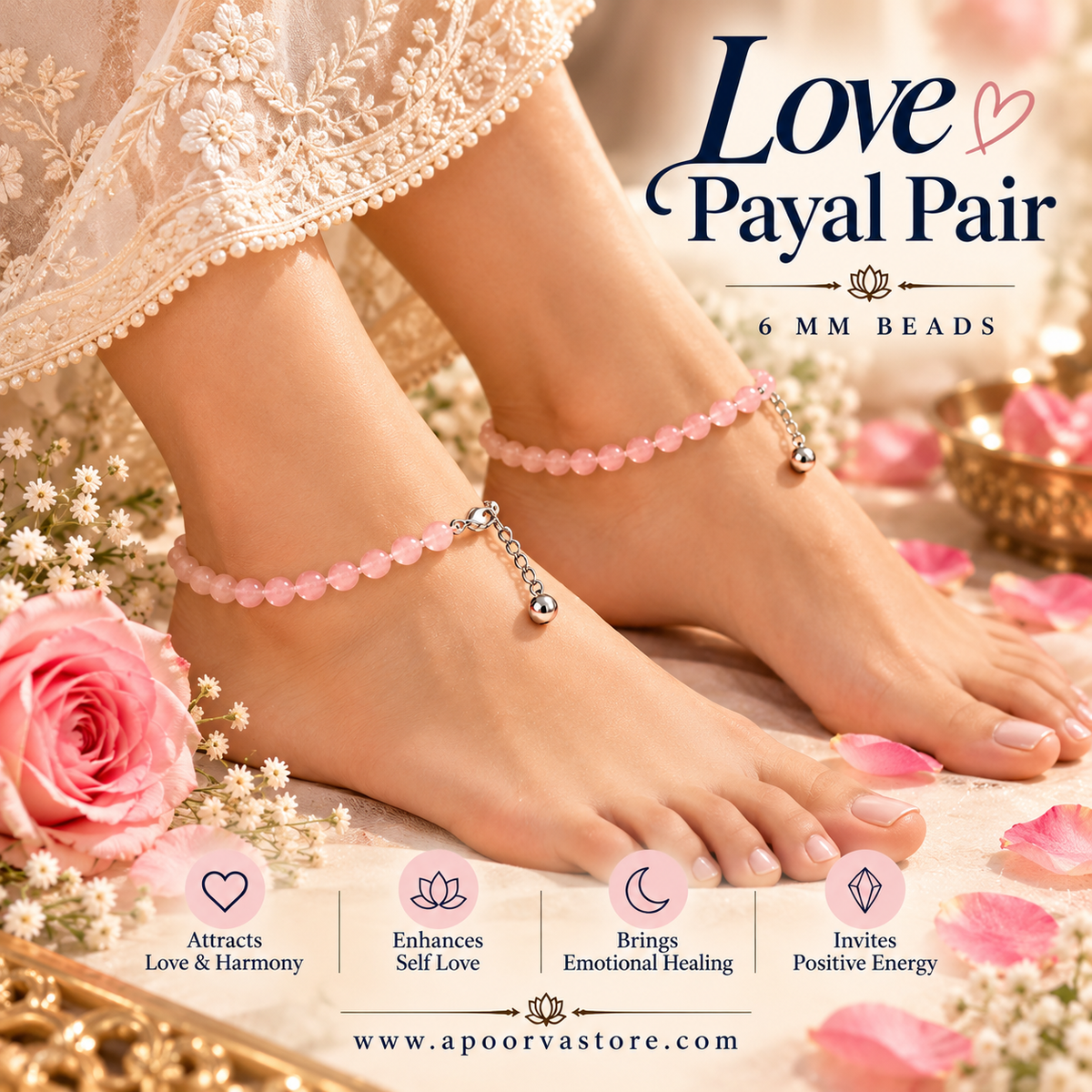 Love Payal Pair – 6mm Rose Quartz Crystal Anklets