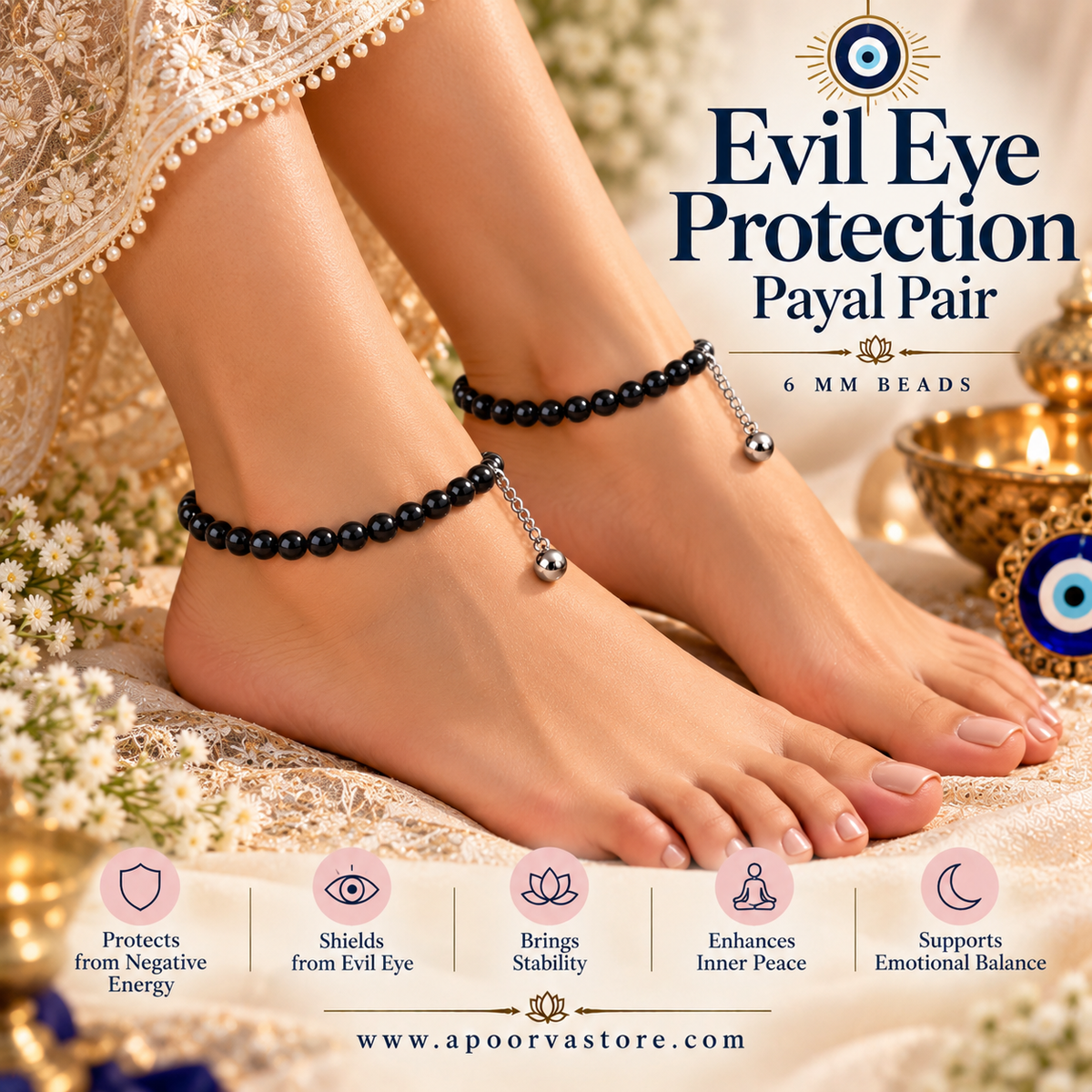 Evil Eye Protection Payal Pair – 6mm Black Agate Crystal Anklets