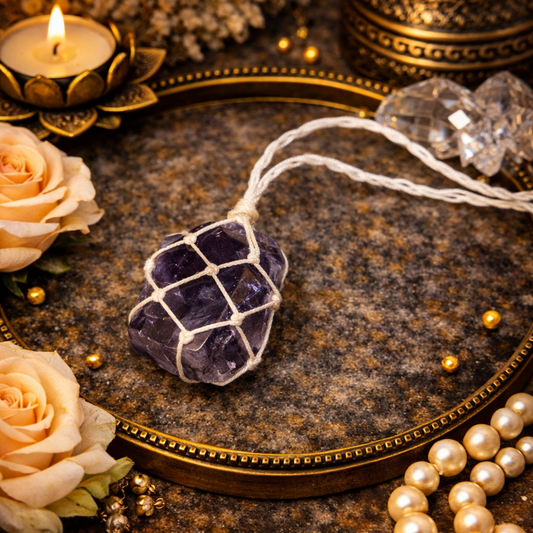 Amethyst tumble white thread pendant by crystall and herbs