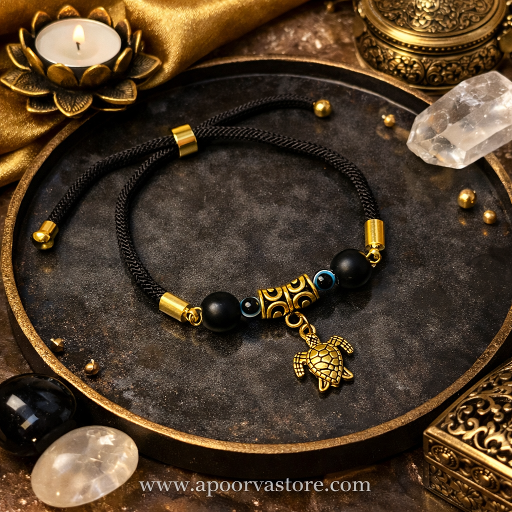 Turtle Charm Bracelet with Black Thread by Crystall and herbs