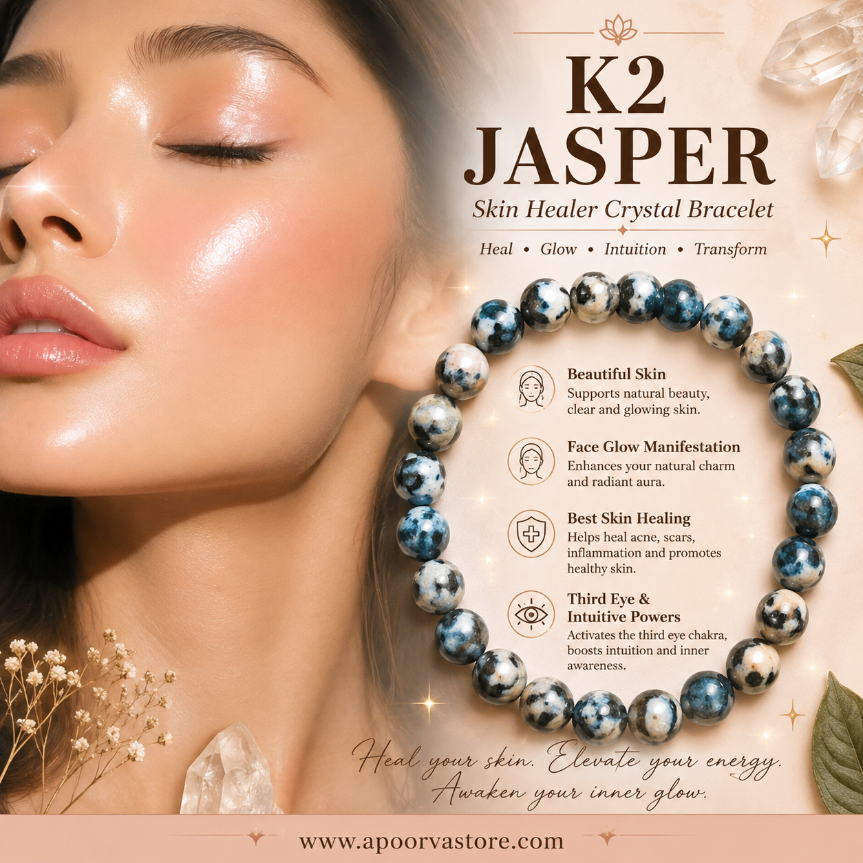 K2 Jasper Crystal Bracelet – Skin Glow, Beauty, Intuition & Third Eye Energy