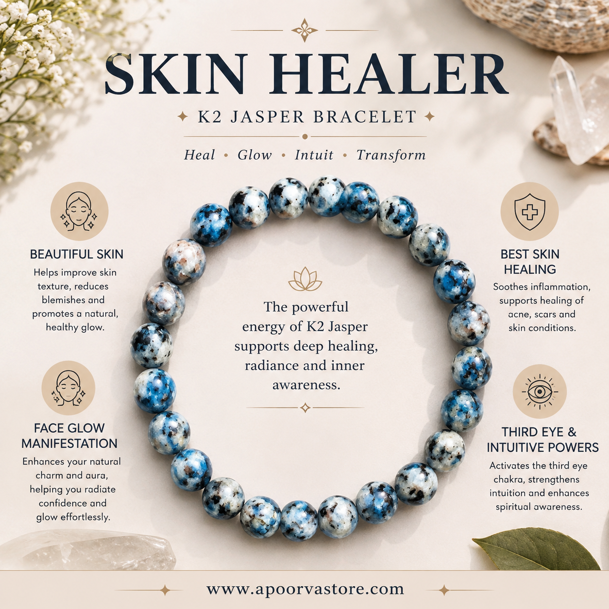 K2 Jasper Crystal Bracelet – Skin Glow, Beauty, Intuition & Third Eye Energy