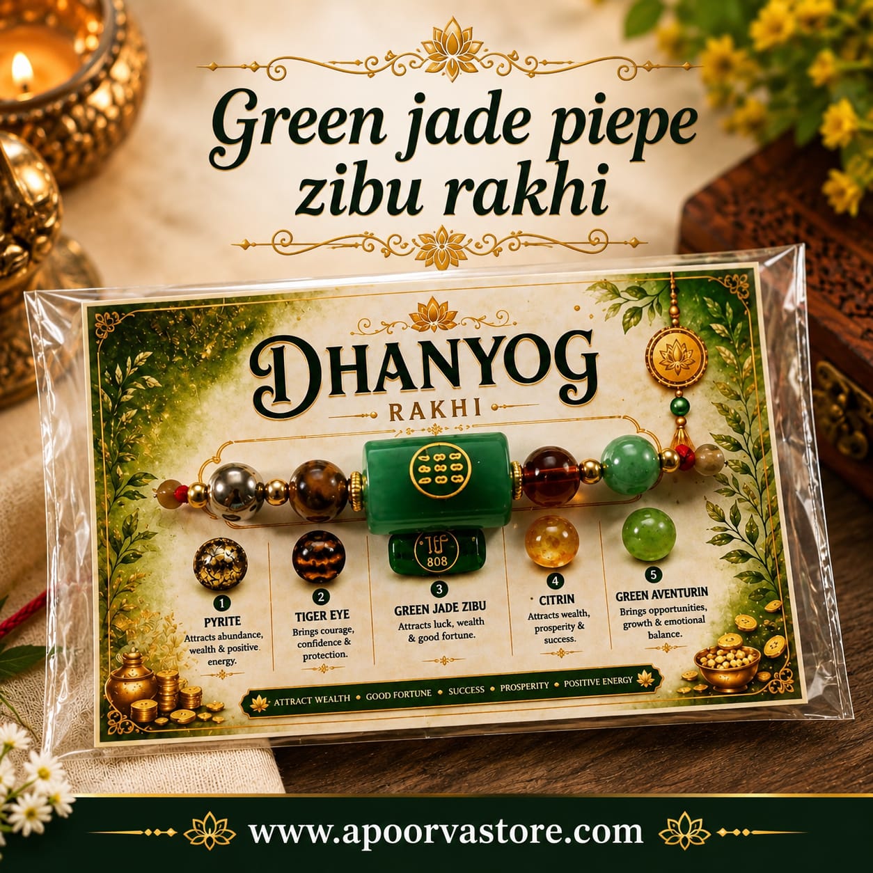 Green Jade Money Zibu Rakhi – Dhanyog Crystal Rakhi