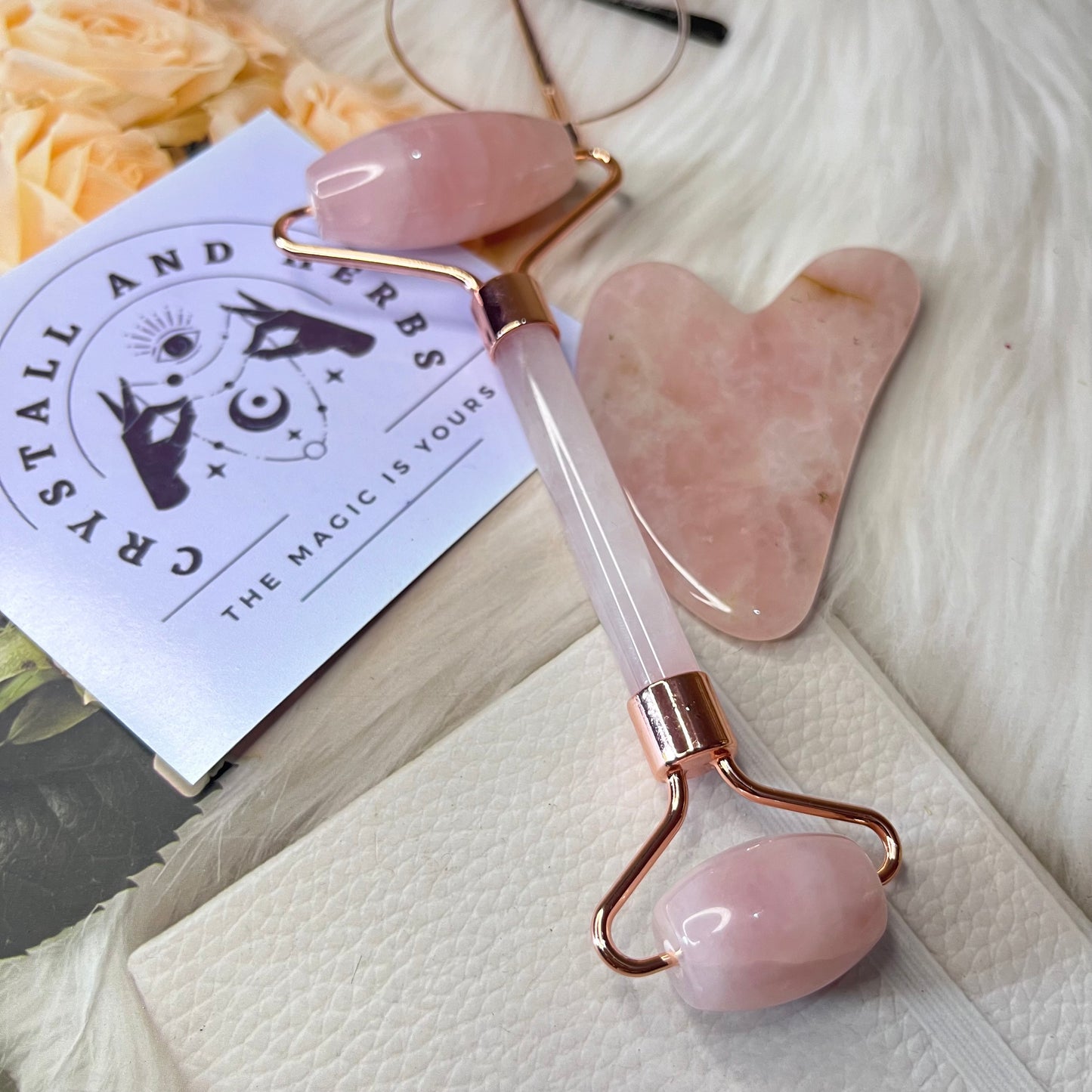 Rose Quartz Guasha and Face Roller Beauty combo Set by Crystall and Herbs