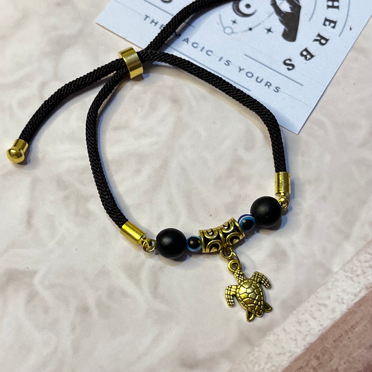 Turtle Charm Bracelet with Black Thread by Crystall and herbs